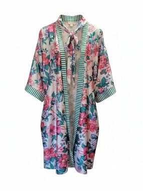 Woman Within Pink and Teal Floral Tie-Front Kimono with Green Stripe Trim 3x